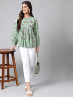 Indian Clothing Janasya Women's Green Cotton Floral Printed Casual Peplum Top