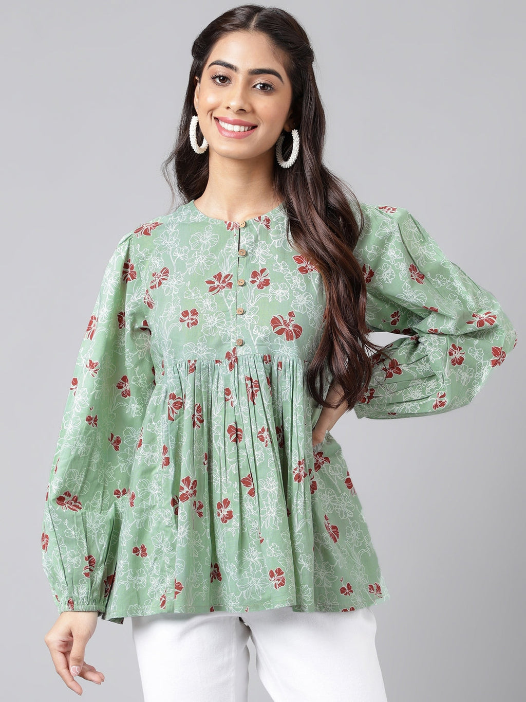 Indian Clothing Janasya Women's Green Cotton Floral Printed Casual Peplum Top