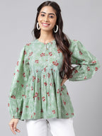 Indian Clothing Janasya Women's Green Cotton Floral Printed Casual Peplum Top