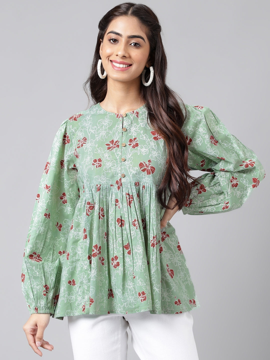 Indian Clothing Janasya Women's Green Cotton Floral Printed Casual Peplum Top