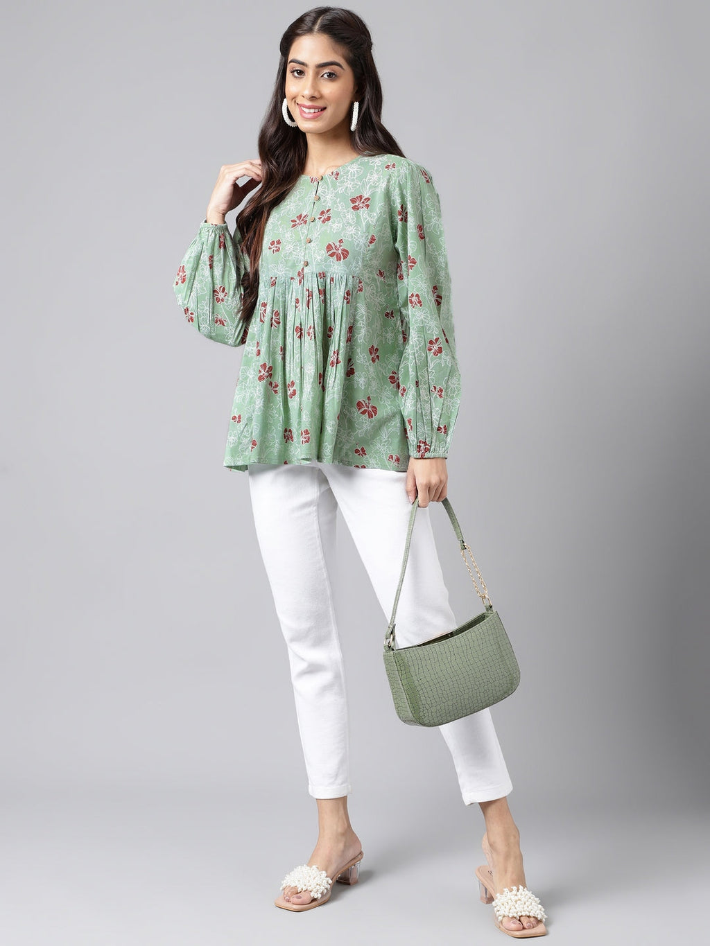 Indian Clothing Janasya Women's Green Cotton Floral Printed Casual Peplum Top
