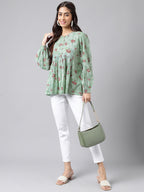 Indian Clothing Janasya Women's Green Cotton Floral Printed Casual Peplum Top