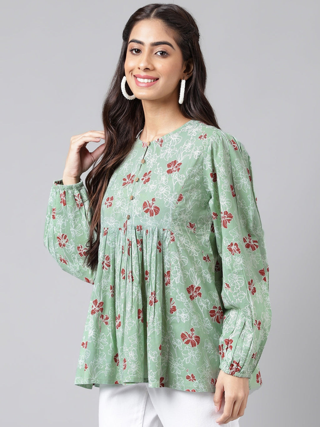 Indian Clothing Janasya Women's Green Cotton Floral Printed Casual Peplum Top