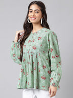 Indian Clothing Janasya Women's Green Cotton Floral Printed Casual Peplum Top