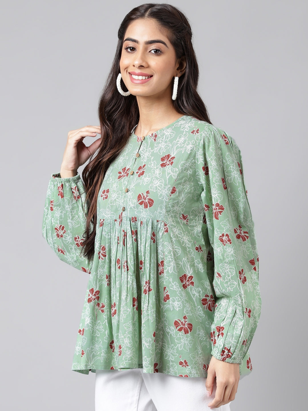 Indian Clothing Janasya Women's Green Cotton Floral Printed Casual Peplum Top