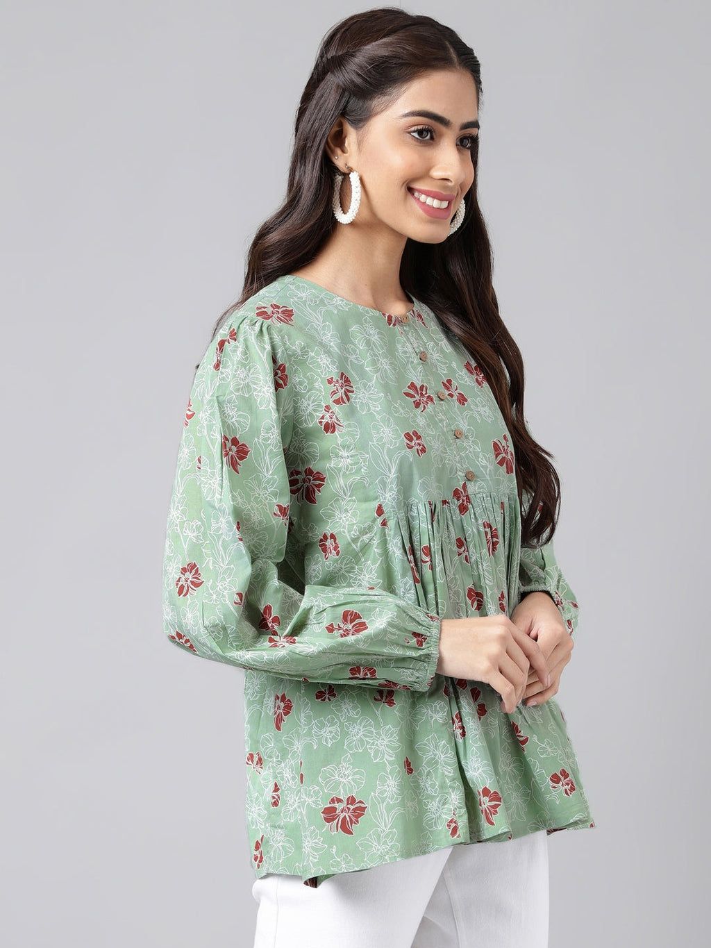Indian Clothing Janasya Women's Green Cotton Floral Printed Casual Peplum Top