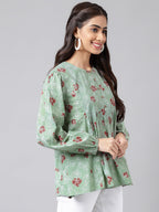 Indian Clothing Janasya Women's Green Cotton Floral Printed Casual Peplum Top
