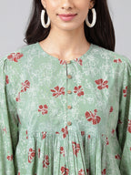 Indian Clothing Janasya Women's Green Cotton Floral Printed Casual Peplum Top