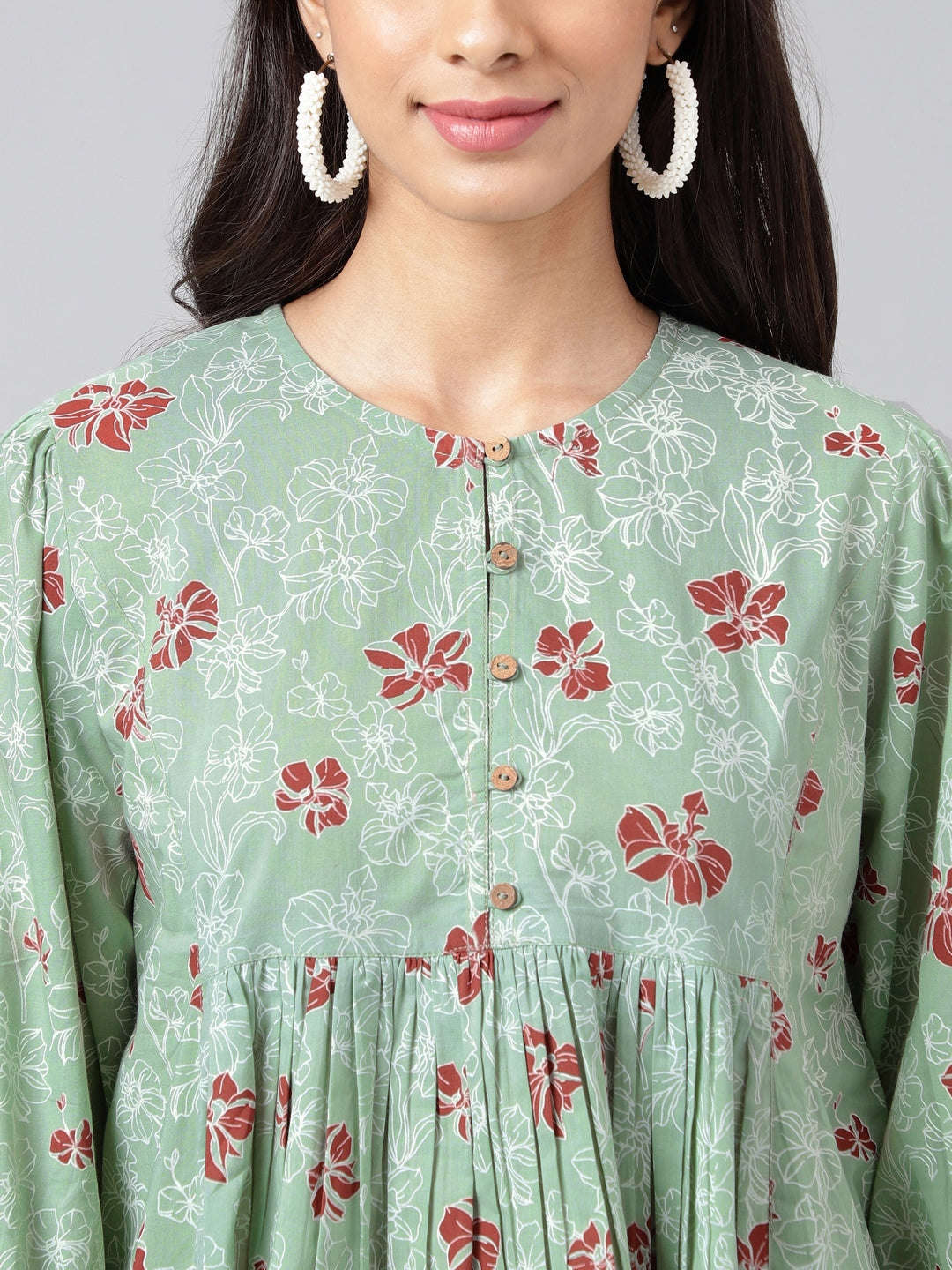 Indian Clothing Janasya Women's Green Cotton Floral Printed Casual Peplum Top