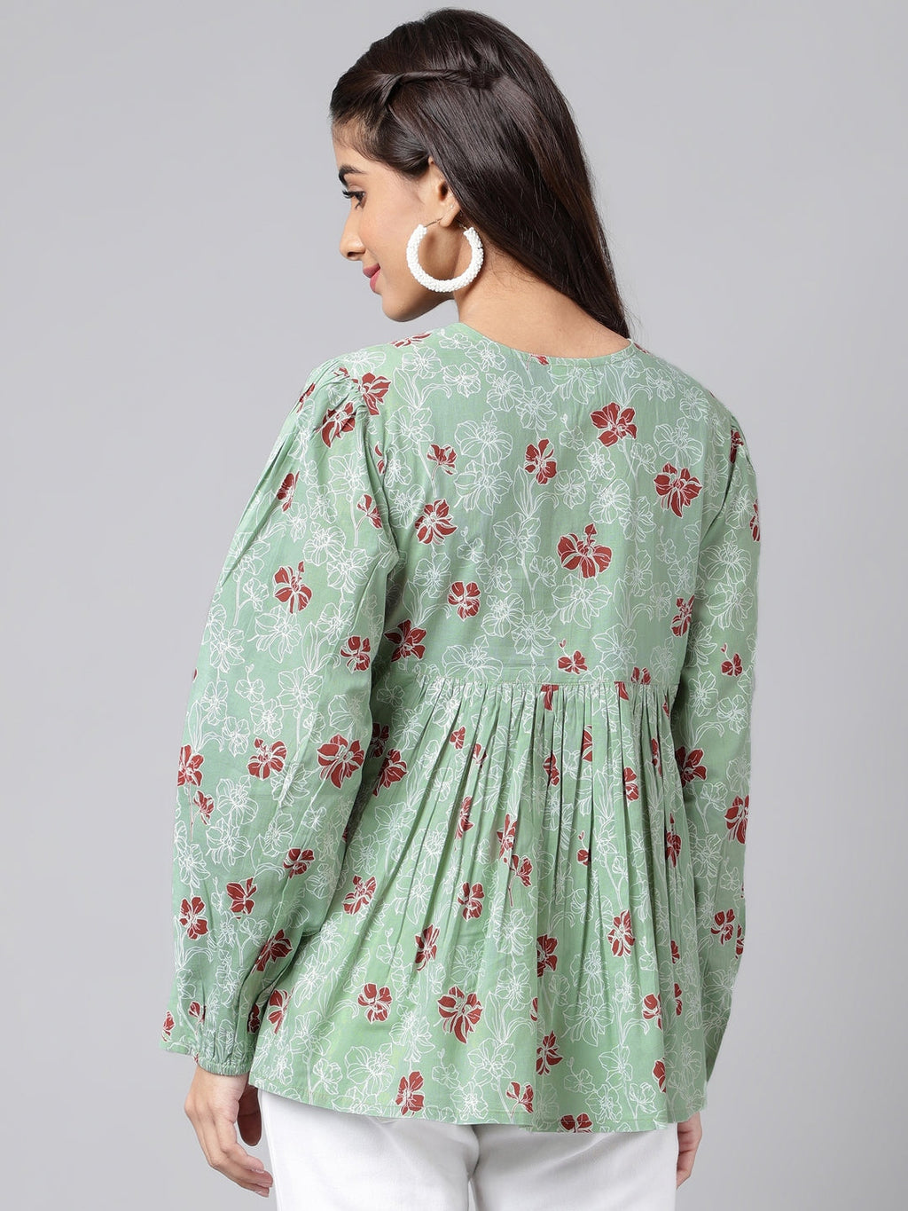 Indian Clothing Janasya Women's Green Cotton Floral Printed Casual Peplum Top