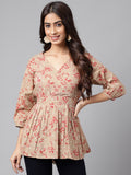 Janasya Women's Brown Cotton Botanical Printed Casual Peplum Top