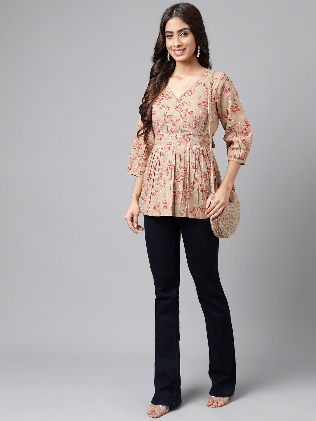 Janasya Women's Brown Cotton Botanical Printed Casual Peplum Top