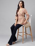 Janasya Women's Brown Cotton Botanical Printed Casual Peplum Top