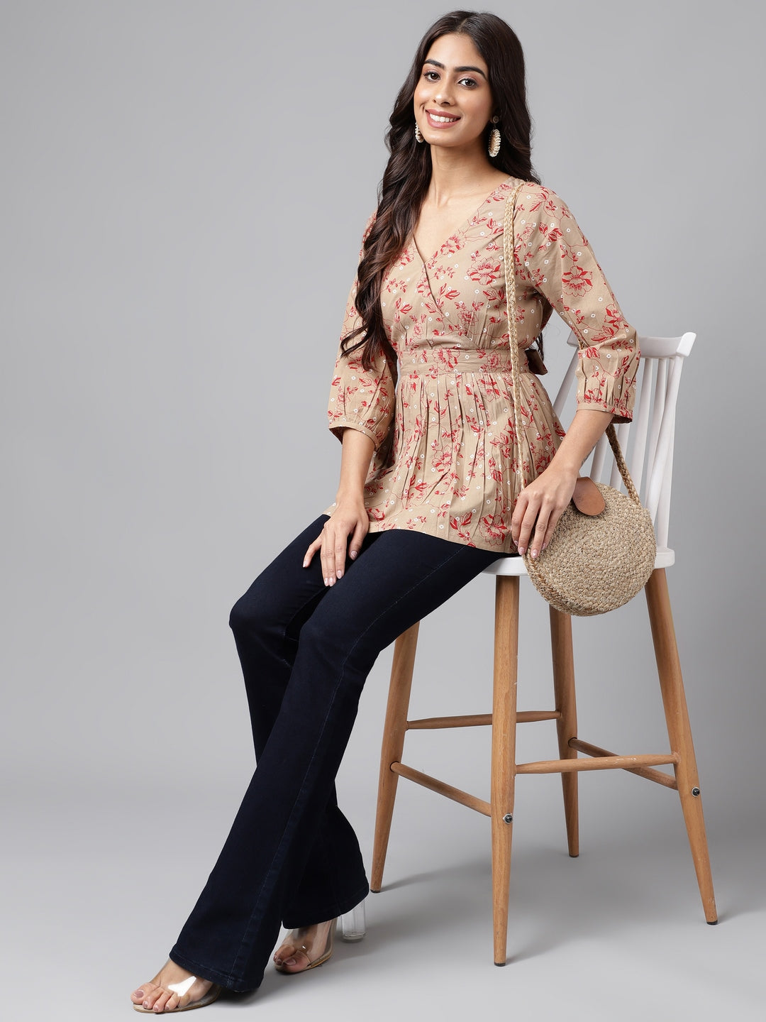 Janasya Women's Brown Cotton Botanical Printed Casual Peplum Top