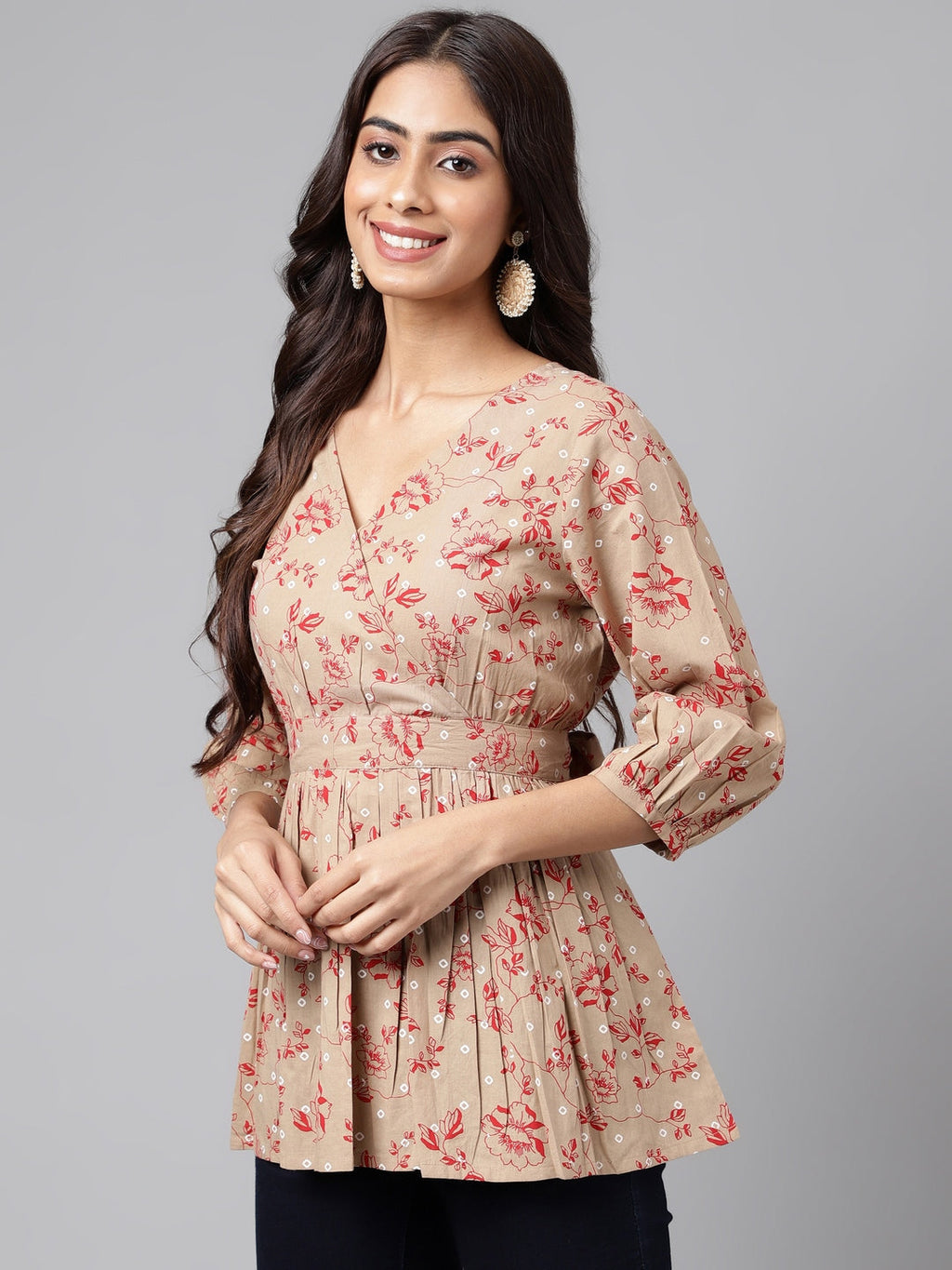 Janasya Women's Brown Cotton Botanical Printed Casual Peplum Top