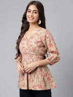 Janasya Women's Brown Cotton Botanical Printed Casual Peplum Top