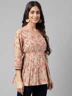 Janasya Women's Brown Cotton Botanical Printed Casual Peplum Top