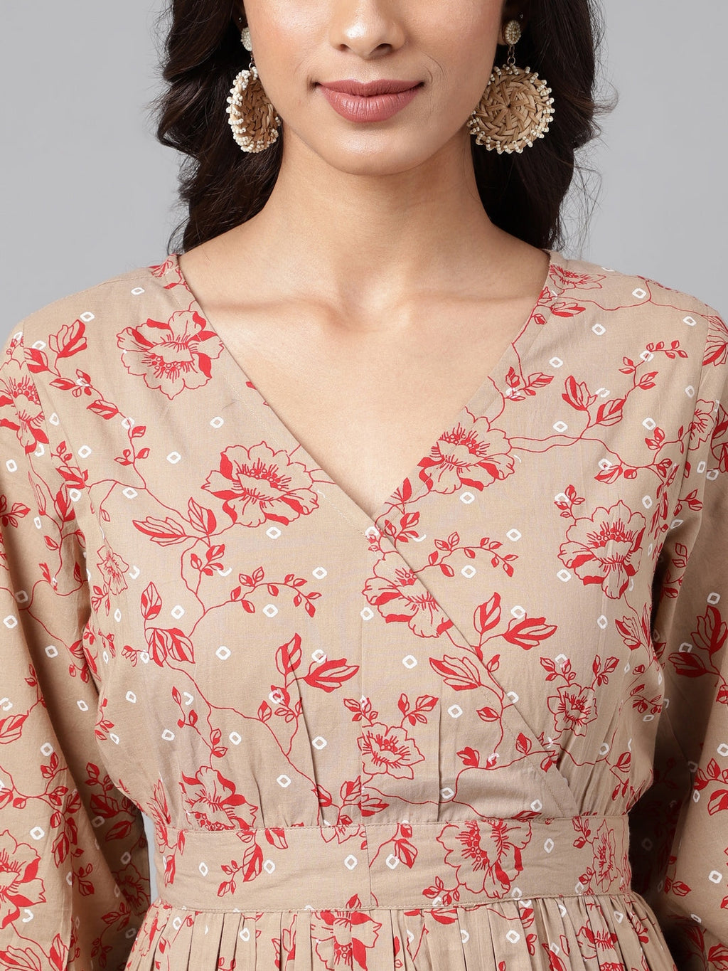 Janasya Women's Brown Cotton Botanical Printed Casual Peplum Top