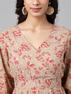 Janasya Women's Brown Cotton Botanical Printed Casual Peplum Top