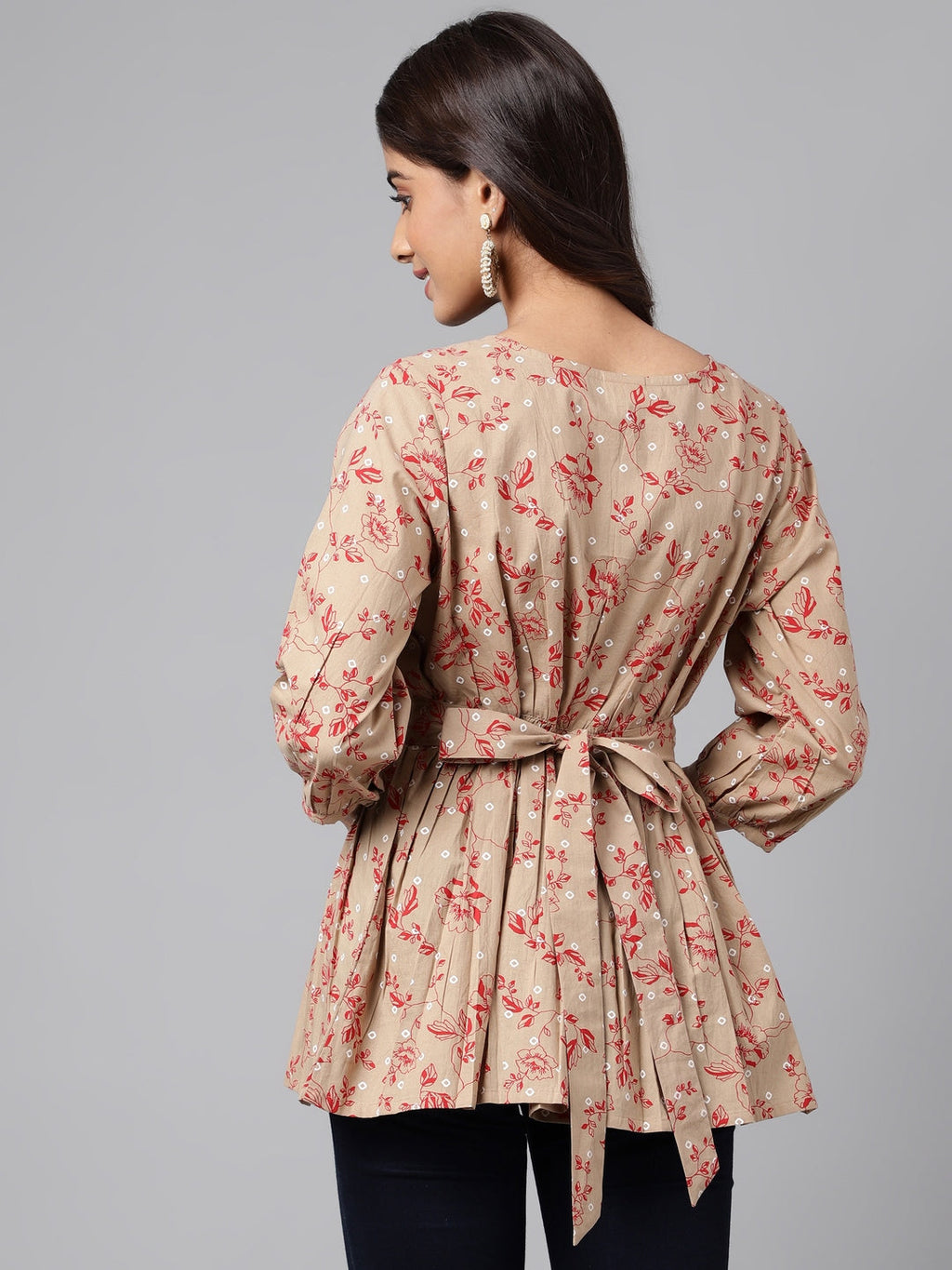 Janasya Women's Brown Cotton Botanical Printed Casual Peplum Top