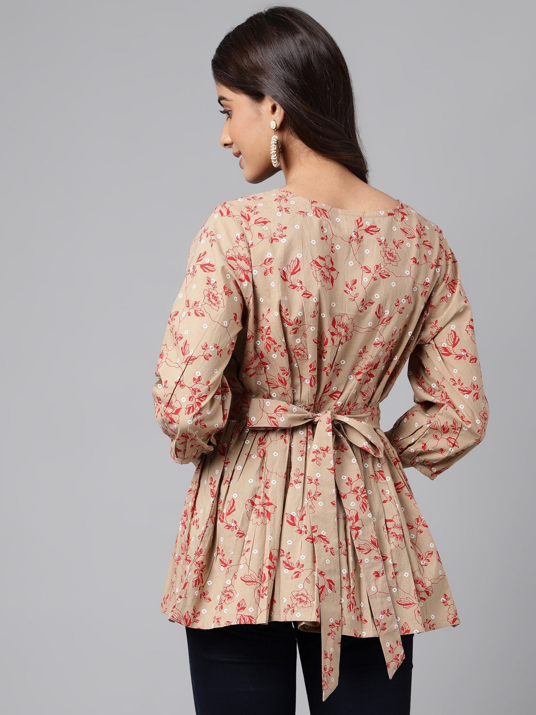 Janasya Women's Brown Cotton Botanical Printed Casual Peplum Top