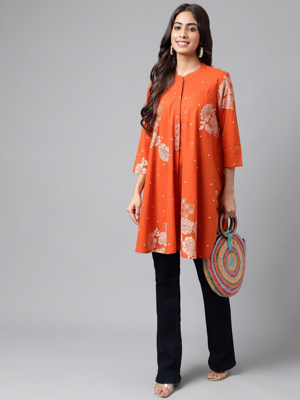 Janasya Women's Orange Cotton Floral Printed Casual Flared Tunic