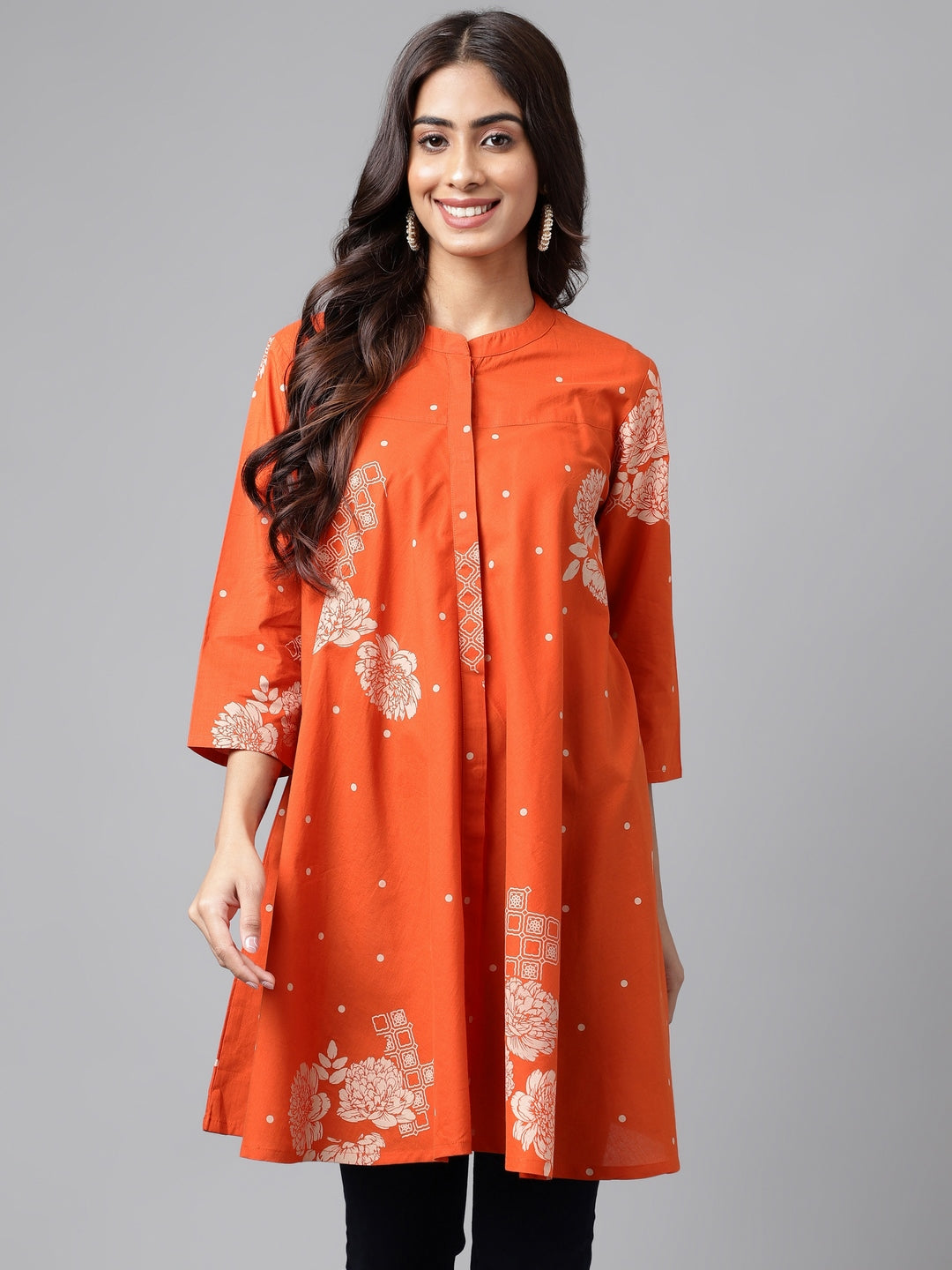 Janasya Women's Orange Cotton Floral Printed Casual Flared Tunic