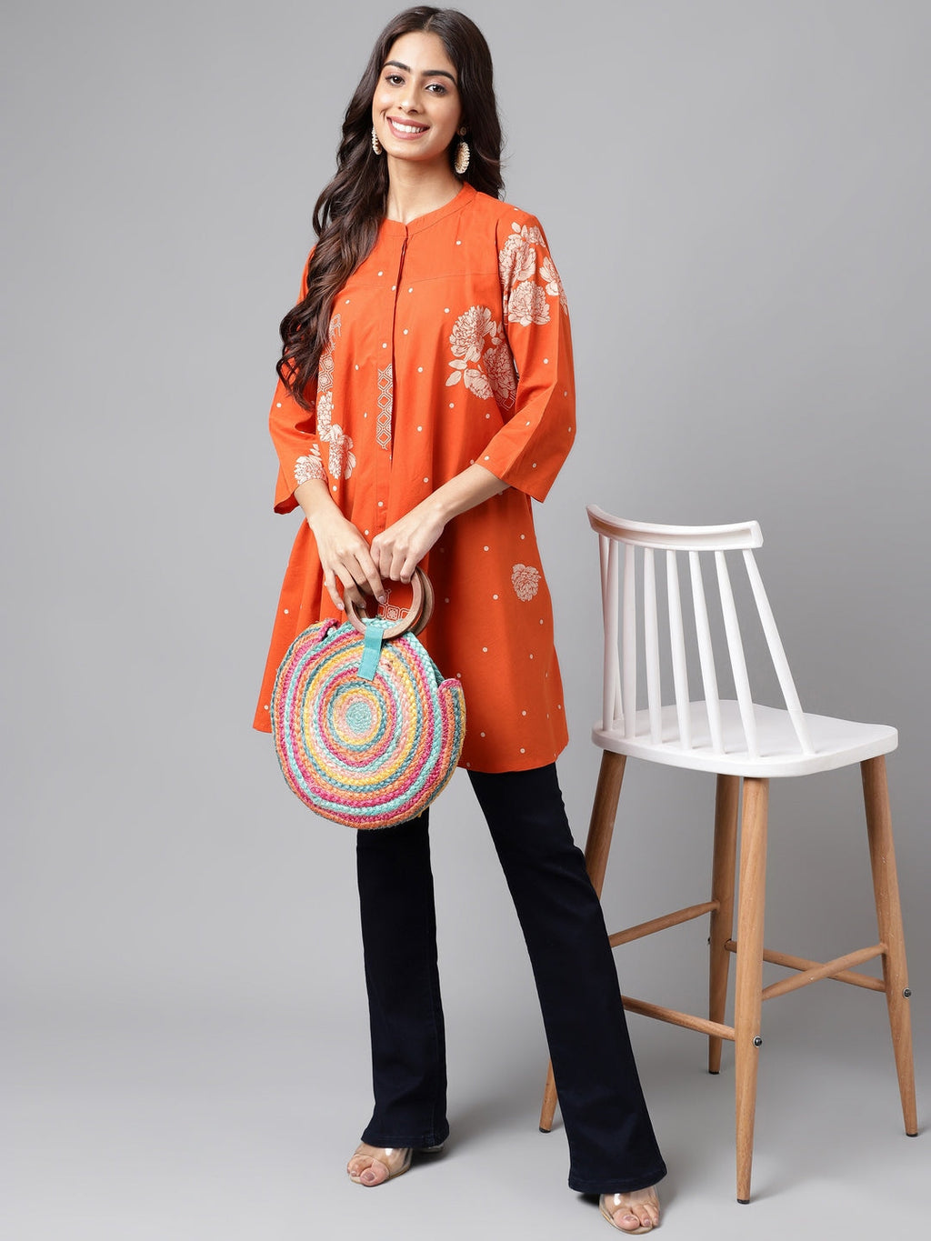 Janasya Women's Orange Cotton Floral Printed Casual Flared Tunic
