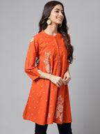 Janasya Women's Orange Cotton Floral Printed Casual Flared Tunic