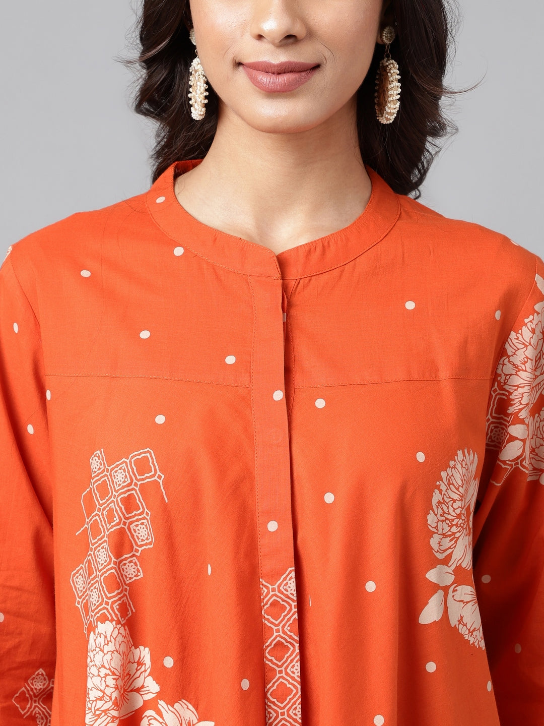 Janasya Women's Orange Cotton Floral Printed Casual Flared Tunic