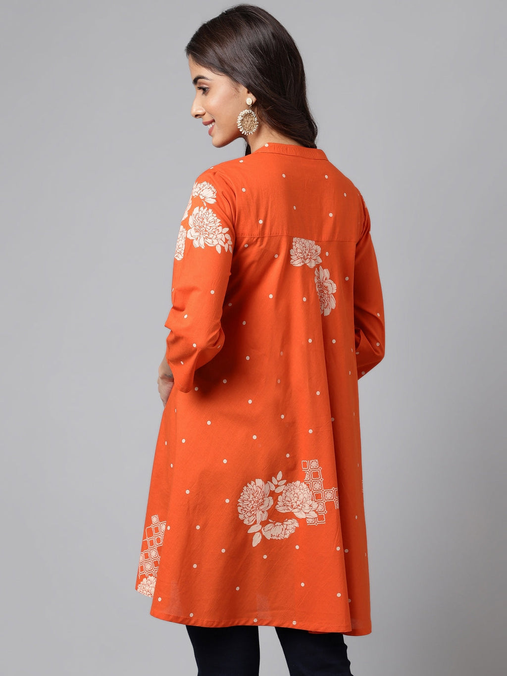 Janasya Women's Orange Cotton Floral Printed Casual Flared Tunic