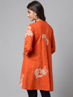 Janasya Women's Orange Cotton Floral Printed Casual Flared Tunic