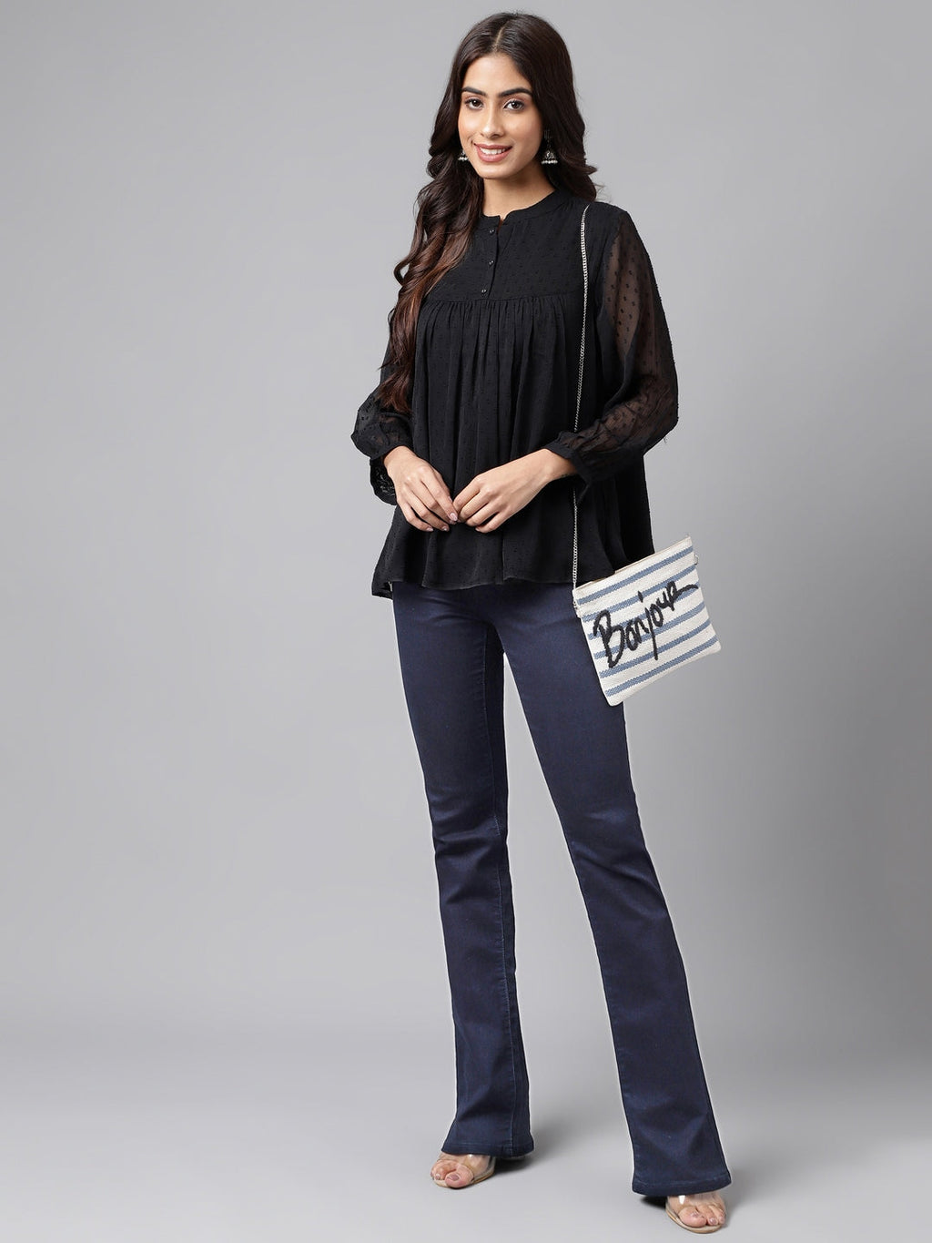 Janasya Women's Black Dobby Chiffon Solid Casual Empire Top