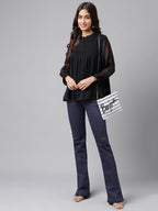 Janasya Women's Black Dobby Chiffon Solid Casual Empire Top