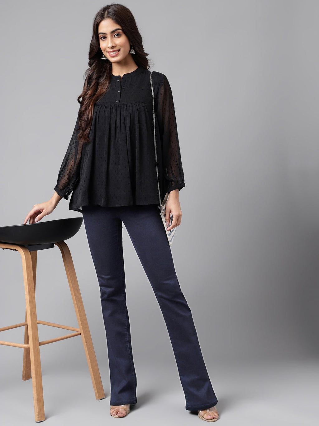 Janasya Women's Black Dobby Chiffon Solid Casual Empire Top