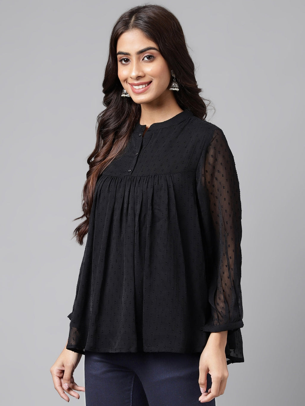 Janasya Women's Black Dobby Chiffon Solid Casual Empire Top