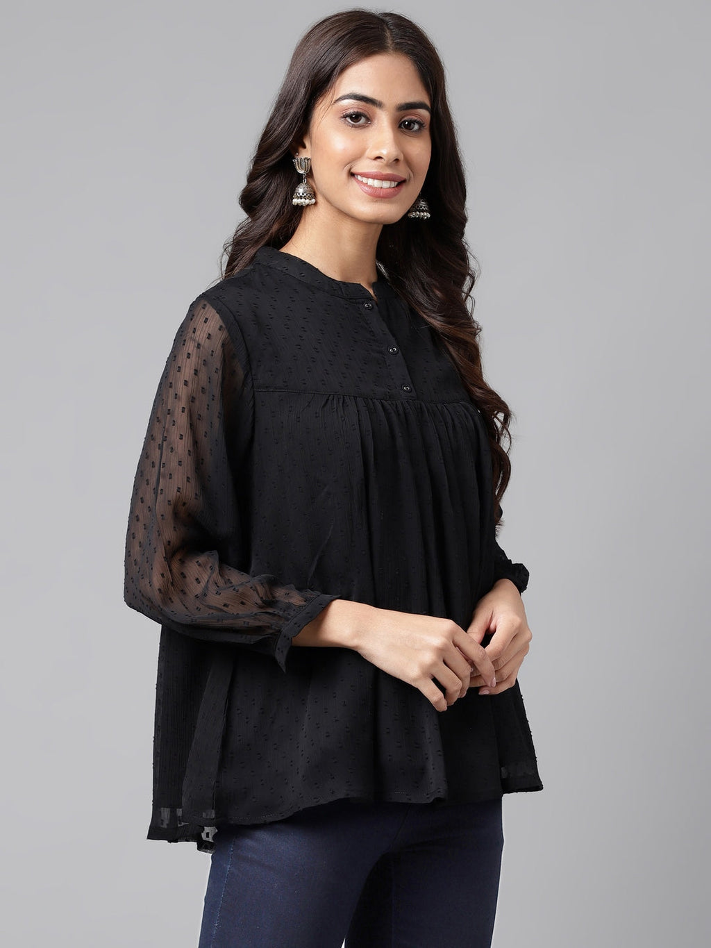 Janasya Women's Black Dobby Chiffon Solid Casual Empire Top
