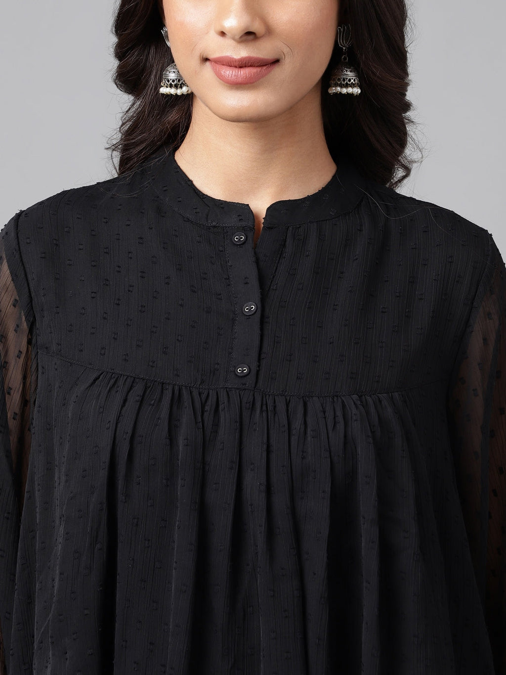 Janasya Women's Black Dobby Chiffon Solid Casual Empire Top