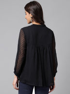 Janasya Women's Black Dobby Chiffon Solid Casual Empire Top