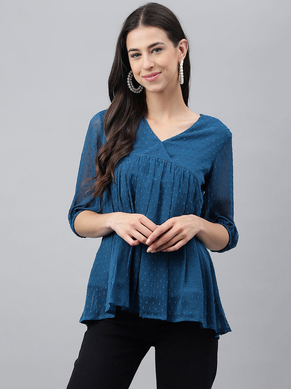 Janasya Women's Teal Blue Dobby Chiffon Solid Casual Empire Top