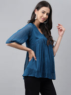 Janasya Women's Teal Blue Dobby Chiffon Solid Casual Empire Top