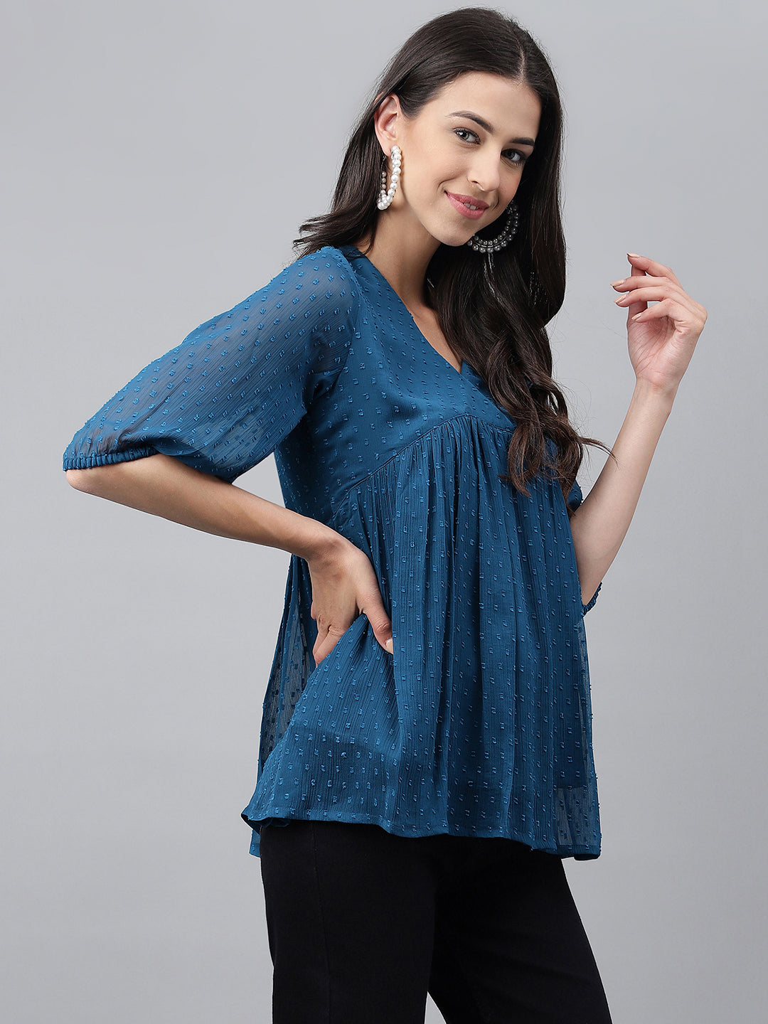 Janasya Women's Teal Blue Dobby Chiffon Solid Casual Empire Top