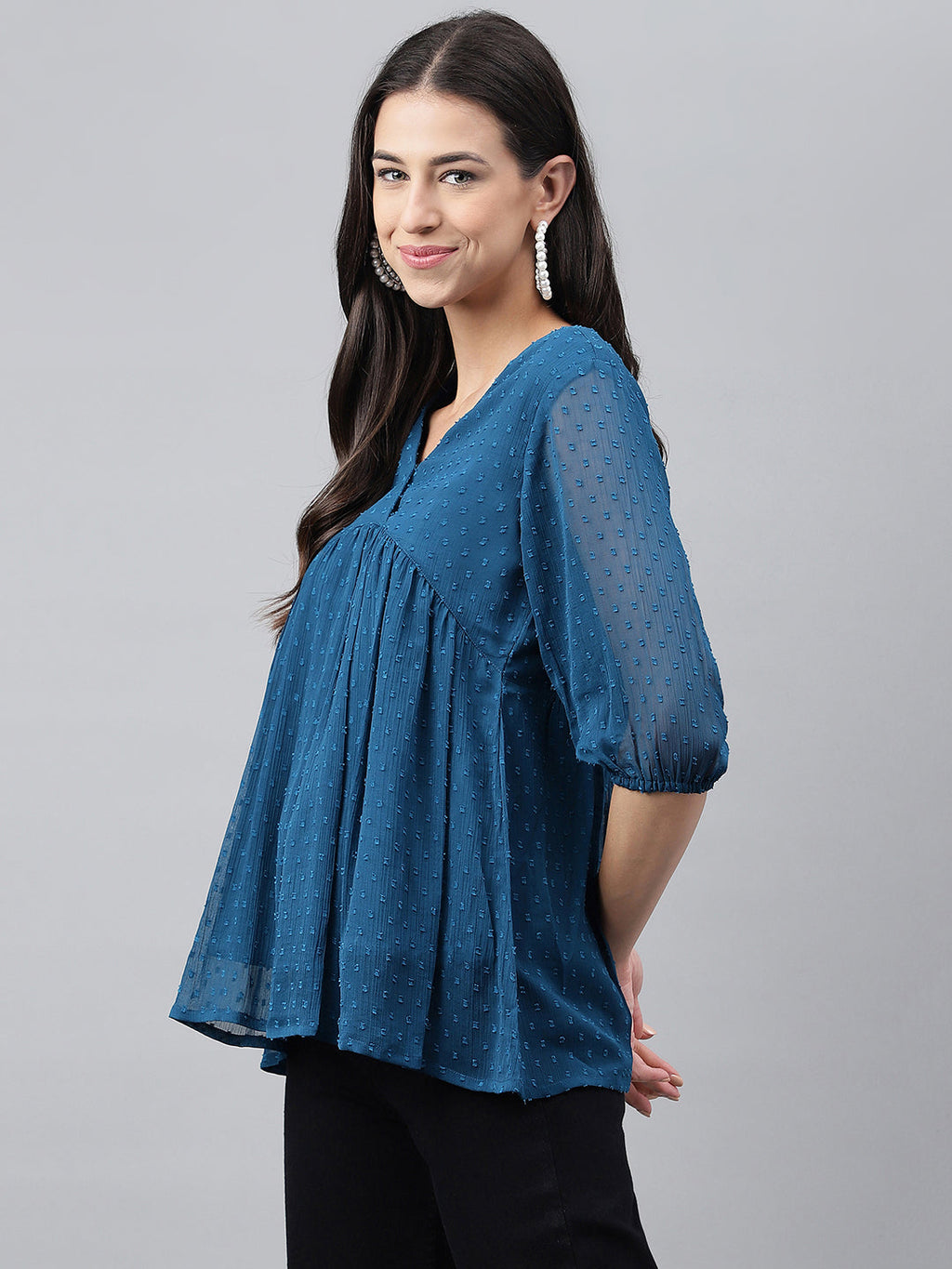 Janasya Women's Teal Blue Dobby Chiffon Solid Casual Empire Top