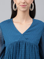 Janasya Women's Teal Blue Dobby Chiffon Solid Casual Empire Top