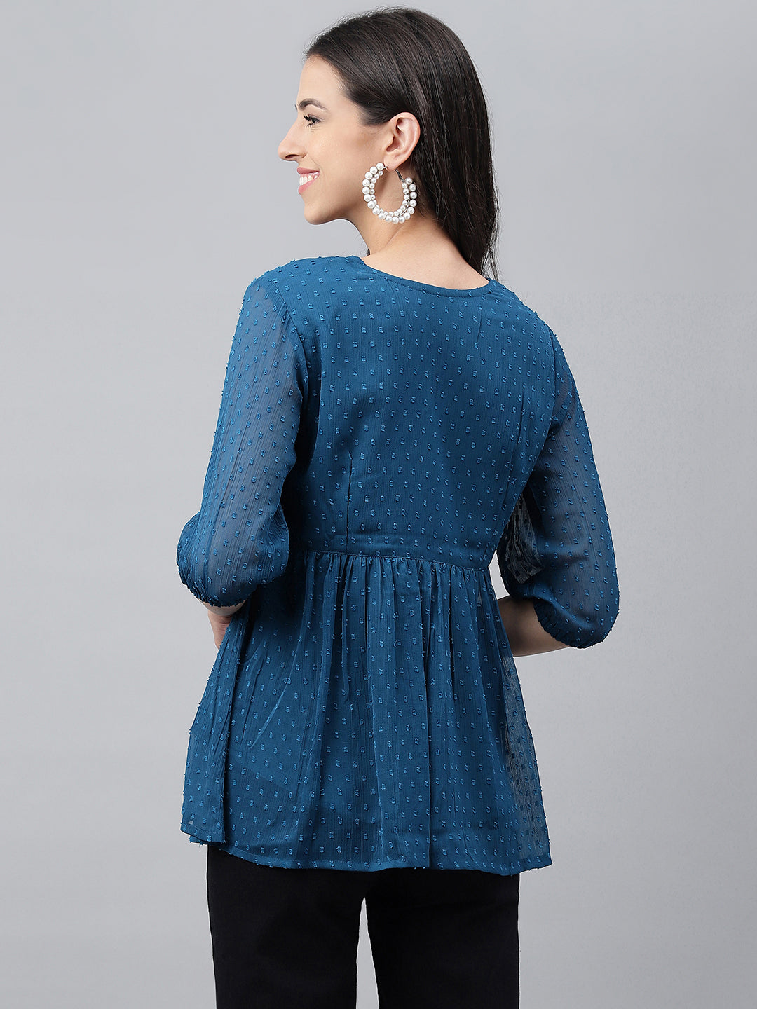 Janasya Women's Teal Blue Dobby Chiffon Solid Casual Empire Top