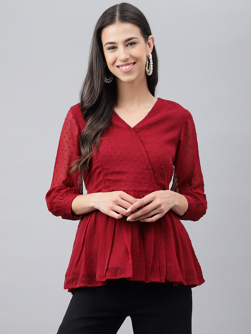 Janasya Women's Maroon Dobby Chiffon Solid Casual Peplum Top