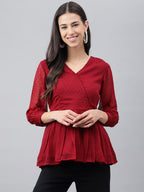 Janasya Women's Maroon Dobby Chiffon Solid Casual Peplum Top