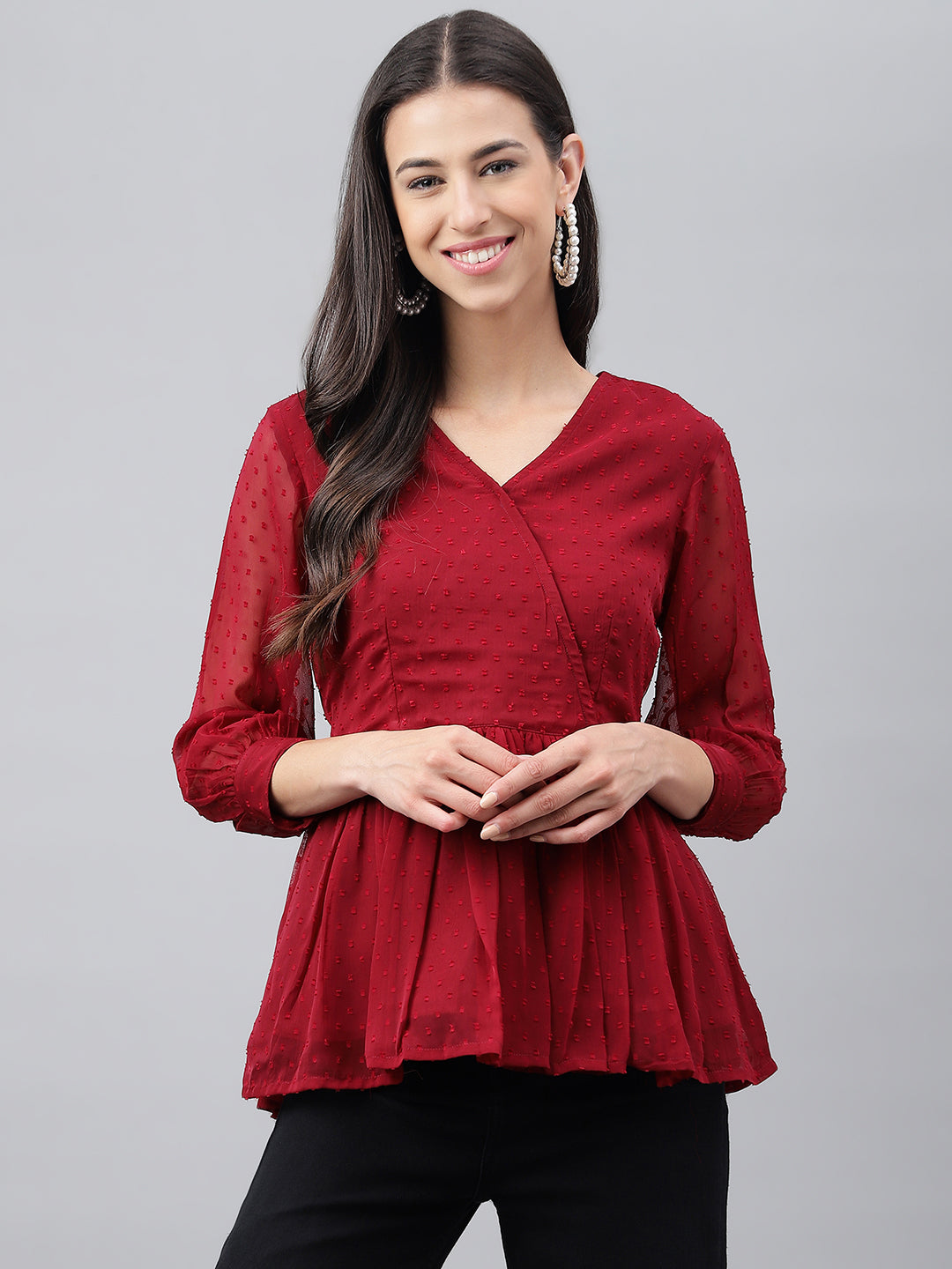 Janasya Women's Maroon Dobby Chiffon Solid Casual Peplum Top