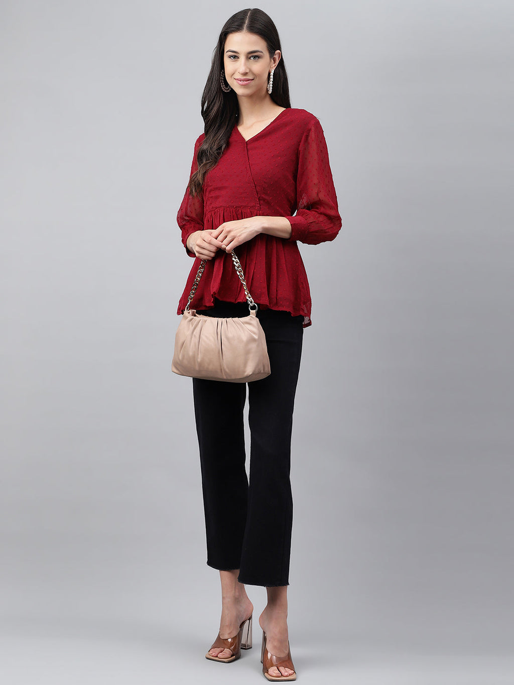 Janasya Women's Maroon Dobby Chiffon Solid Casual Peplum Top