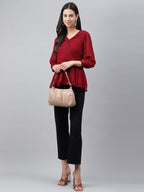 Janasya Women's Maroon Dobby Chiffon Solid Casual Peplum Top